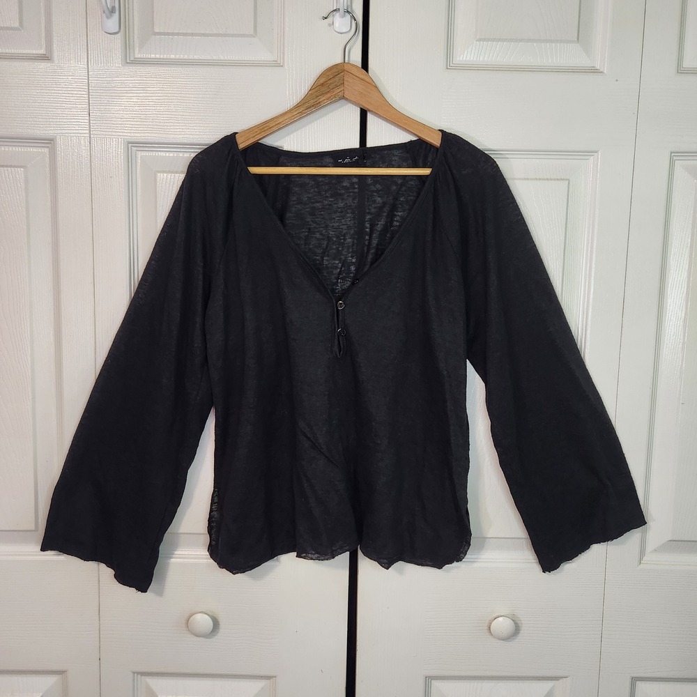 Out From Under Urban Outfitters Black Bell Sleeve V-Neck Henley Top Small Boho